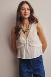 Lace Yoke Tie-Front Sleeveless Top FT0050: Ivory / Contemporary / L