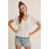 NATURALLY AIRY FEEL COTTON GAUZE LACE TRIM BABYDOLL BLOUSE: PEARL / L