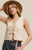 Embroidered Lace Tie-Front Vest: Deep Green / L