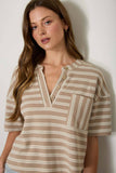 STRIPE SHORT SLEEVE BOXY HENLEY KNIT TOP-backorder: MOCHA