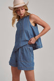 SLEEVELESS DENIM TOP AND MATCHING SHORTS SET: DENIM / S-M-L(2-2-2)