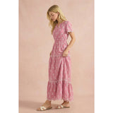 Smocked Waist Maxi Dress with White Floral Embroidery: Pink / L