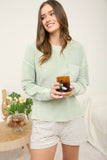 WASHED POCKET DETAIL LONG SLEEVE RIB KNIT TOP : LIGHT OLIVE