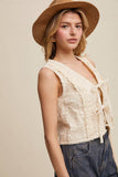 Embroidered Lace Tie-Front Vest: Deep Green / L