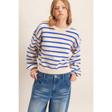 Striped Ribbed Crew Neck Sweater: CAMEL / S-M-L(2-2-2)