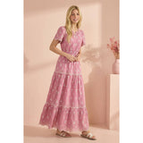Smocked Waist Maxi Dress with White Floral Embroidery: Pink / L