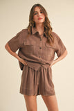 BUTTON UP BOXY SHIRT AND SHORTS SET MPST3891: BROWNIE / L