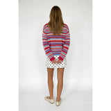 TF26-0089 - Multi stripe boat neck sweater : CHERRY/SKY / S-M-L(3-2-1)