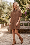 Polka Dot Denim Shirt Dress: BROWN / L