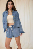 ACID WASH DRAWSTRING DENIM SHORTS: DENIM
