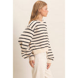 Striped Ribbed Crew Neck Sweater: CAMEL / S-M-L(2-2-2)