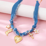 Western Denim Cowboy Boot & Cross Charm Necklace | 80N92859: Gold