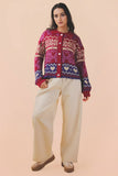 12W3468N-Oversized Button Down Graphic Knit Sweater Top: BLUE / S-M-L/2-2-2