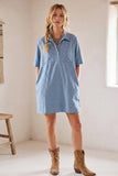Polka Dot Denim Shirt Dress: BROWN / L