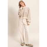 Striped Ribbed Crew Neck Sweater: CAMEL / S-M-L(2-2-2)