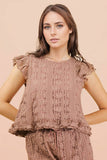 NT12510-Shoulder Ruffle Detail Lace Top: TAUPE / S-M-L/2-2-2