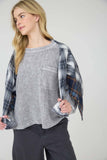 WASHED POCKET DETAIL LONG SLEEVE RIB KNIT TOP : LIGHT OLIVE