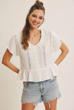 NATURALLY AIRY FEEL COTTON GAUZE LACE TRIM BABYDOLL BLOUSE: PEARL / L