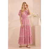 Smocked Waist Maxi Dress with White Floral Embroidery: Pink / L