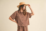 BUTTON UP BOXY SHIRT AND SHORTS SET MPST3891: BROWNIE / L