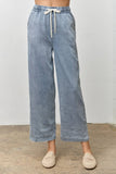 Drawstring Waist Wide Leg Denim Pants: DENIM / L