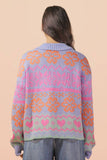 12W3468N-Oversized Button Down Graphic Knit Sweater Top: BLUE / S-M-L/2-2-2