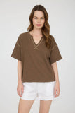 CONTRAST STITCH DROP SHOULDER CUFF SLEEVE KNIT TOP : CREAM