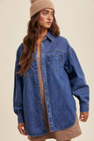 Heart Detail Oversized Denim Shirt: Indigo / L