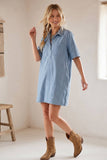Polka Dot Denim Shirt Dress: BROWN / L