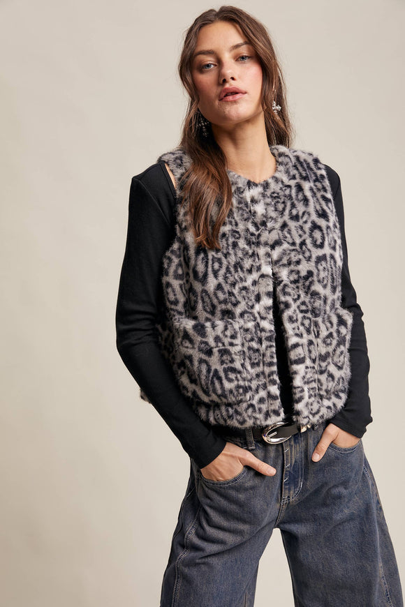 Faux Fur Leopard Vest-Grey