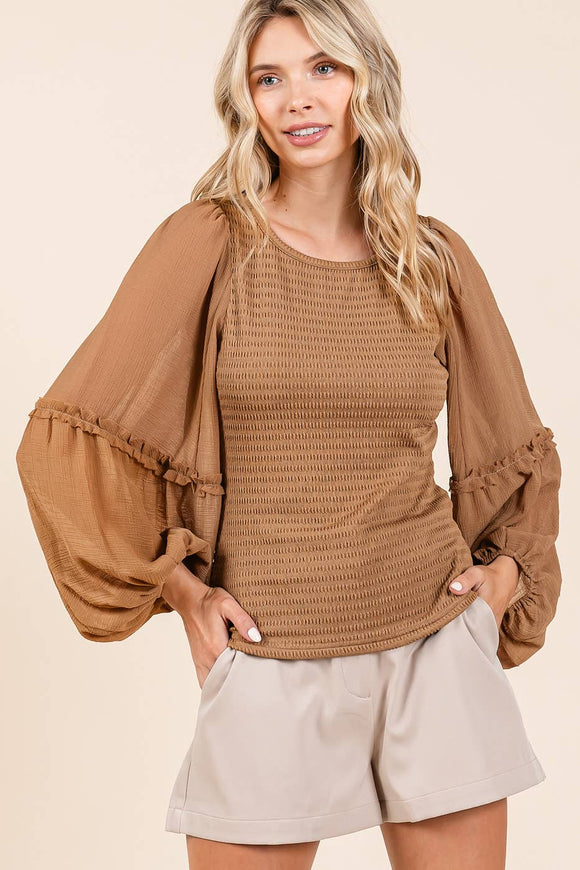 MIXED MEDIA TEXTURED KNIT CHIFFON LONG SLEEVE TOP: IVORY / M