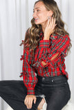 Bow Accent Puff Sleeve Collared Neck Plaid Shirt VT82811C: Hunter green / L