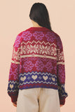12W3468N-Oversized Button Down Graphic Knit Sweater Top: BLUE / S-M-L/2-2-2