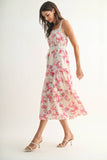 CD10679J FLORAL LACE-TRIM TIERED DRESS: FUCHSIA MULTI / S-M-L (3-2-1)