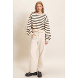 Striped Ribbed Crew Neck Sweater: CAMEL / S-M-L(2-2-2)