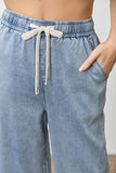 Drawstring Waist Wide Leg Denim Pants: DENIM / L