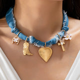 Western Denim Cowboy Boot & Cross Charm Necklace | 80N92859: Gold