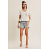 NATURALLY AIRY FEEL COTTON GAUZE LACE TRIM BABYDOLL BLOUSE: PEARL / L