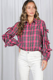 Bow Accent Puff Sleeve Collared Neck Plaid Shirt VT82811C: Hunter green / L