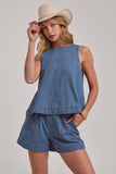 SLEEVELESS DENIM TOP AND MATCHING SHORTS SET: DENIM / S-M-L(2-2-2)