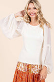 MIXED MEDIA TEXTURED KNIT CHIFFON LONG SLEEVE TOP: IVORY / S