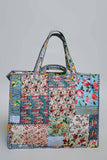 Blue-Bound Artisanal Illusion Patchwork Shopper Bag: IVORY/BLUE / Os