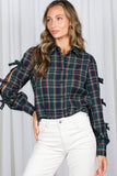 Bow Accent Puff Sleeve Collared Neck Plaid Shirt VT82811C: Hunter green / L