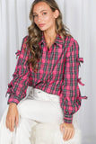 Bow Accent Puff Sleeve Collared Neck Plaid Shirt VT82811C: Hunter green / L
