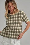 GINGHAM CHECKERED PATTERN SWEATER CASUAL TOP_JLT00221-01: OLIVE/CREAM / S-M-L(2-2-2)