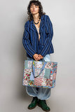 Blue-Bound Artisanal Illusion Patchwork Shopper Bag: IVORY/BLUE / Os