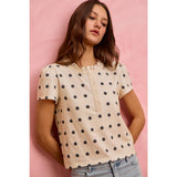 POLK-A-DOT KNIT LACE TRIM ON NECKLINE SHORT TOP: OFF WHITE/BLACK / L