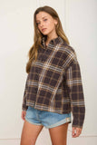 PLAID BUTTON DOWN COLLARED BOXY LONG SLEEVE SHIRT : KHAKI MULTI