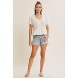 NATURALLY AIRY FEEL COTTON GAUZE LACE TRIM BABYDOLL BLOUSE: PEARL / L
