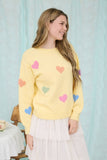 MULTICOLOR HEART CREWNECK KNIT PULLOVER SWEATER: BUTTER YELLOW MULTI